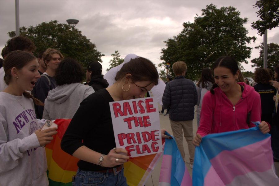 Students gathered in front of Sage Creek wearing and waving their rainbow flags. As an act of protest many made posters and cheered for their friends and speakers.