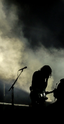 Dave Grohl in between songs during his performance on Oct. 1st, 2023 at the Ohana Festival. His iconic guitar makes its usual appearance on stage with him. 