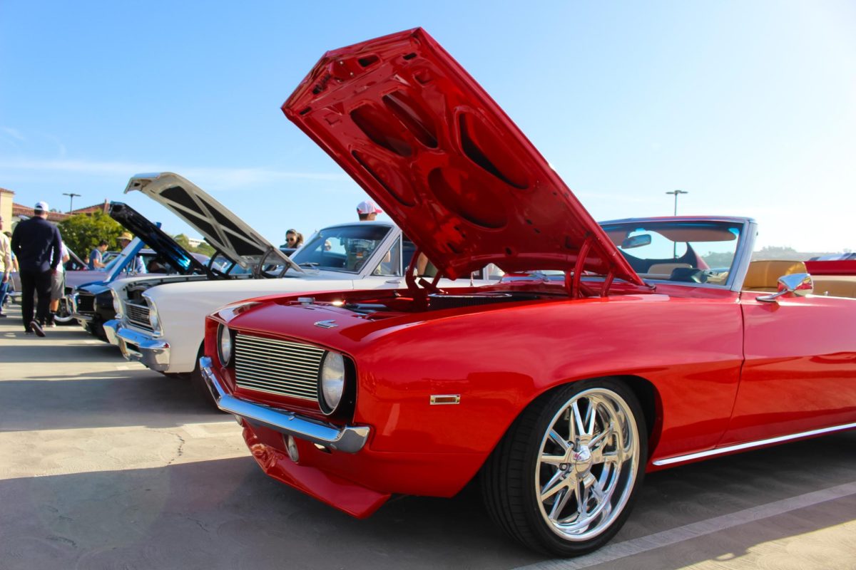 Beautiful row of classic muscle cars with there hoods popped opened. The bright color of the red Corvette caught everyone’s attention