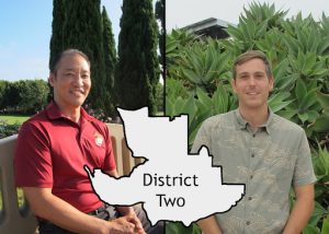 Kevin Shin (pictured left) and Tyler Collins (pictured right) are vying for the Carlsbad City Council District 2 position. A silhouette of District 2 is positioned in the middle of the image. 