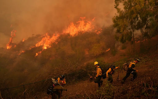 Firefighting personnel work to contain the Palisades fire in Northwestern Los Angeles. The Palisades Fire has already destroyed thousands of structures and caused an estimated $25 billion of damage.