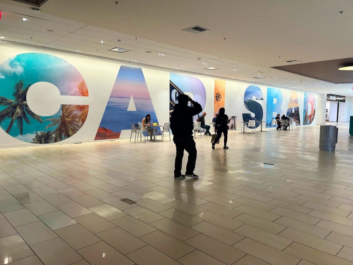 A large Carlsbad graphic engulfs the entire wall on the first floor of the mall. Directly across from it is a Wetzel's Pretzels, a delicious juice shop called Surf City Squeeze and a perfume gallery. 