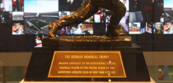 The Heisman Trophy on display at the College Football Headquarters. It represents college football’s most prestigious award.