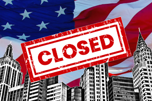 Beneath the American flag lies shuttered buildings and a "Closed" sign. This is a stark reflection of resilience tested in uncertain times. 
