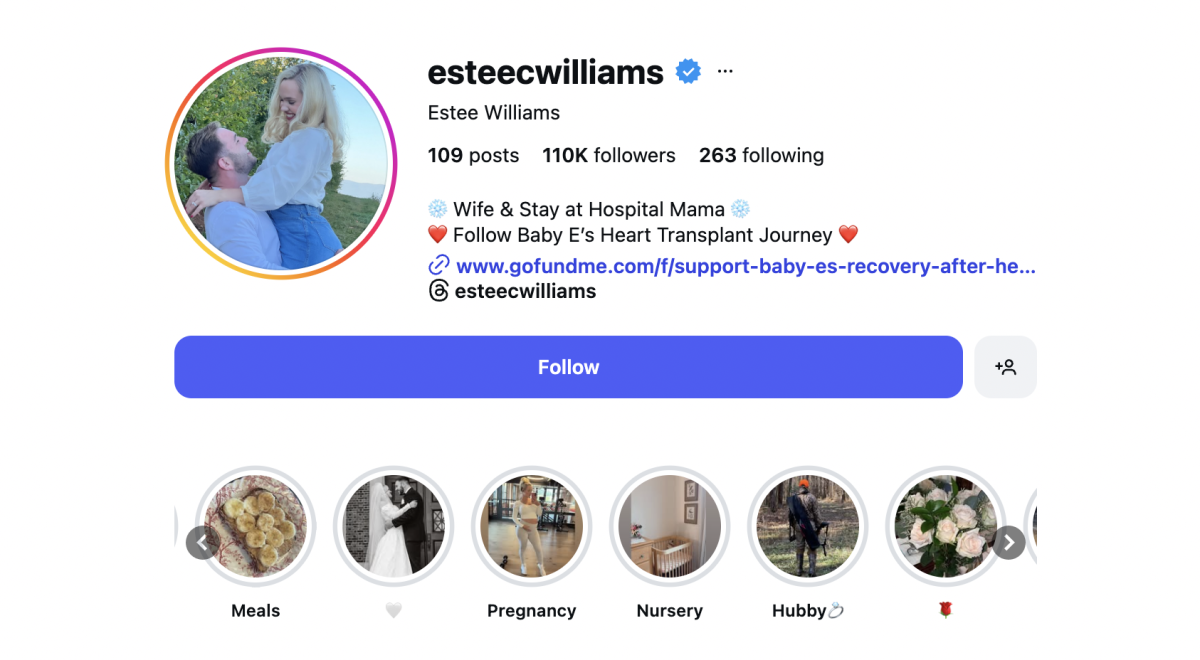 This screenshot depicts Estee William's Instagram profile and bio. Williams has become a prominent figure in the "trad wife" discussion, showing off her family-focused life as a domestic wife. 