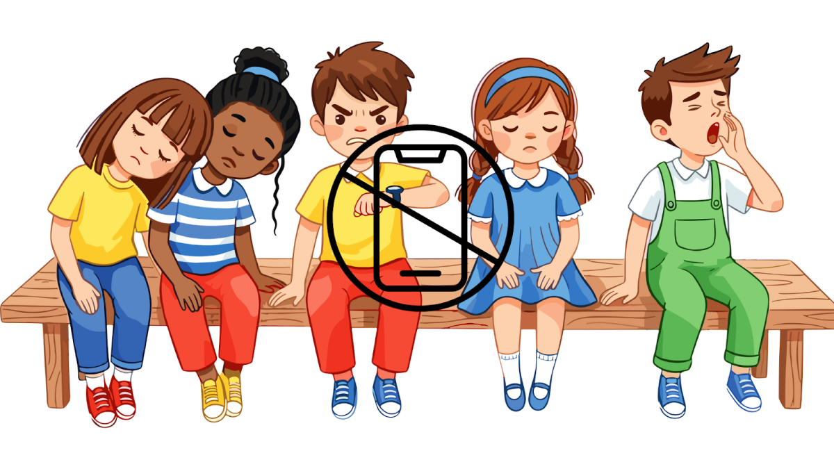 Children sit together on a bench beneath a crossed-out phone symbol, representing growing concerns over screen time, boredom without constant stimulation, and the impact of excessive device use on young people’s health and attention.
