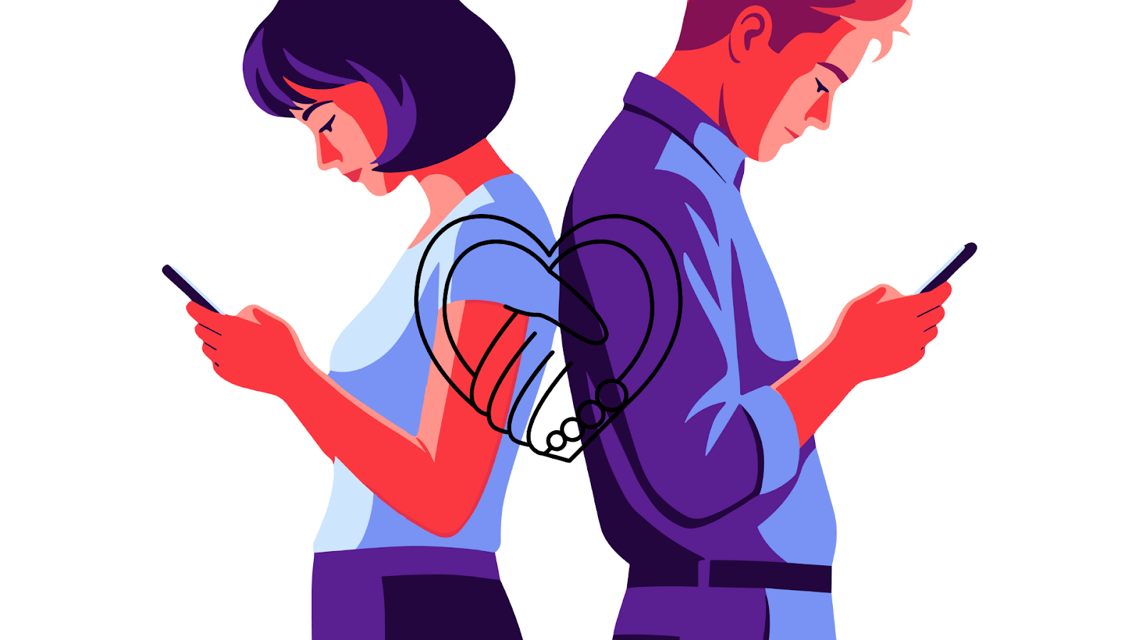 Two people stand back-to-back while looking at their phones, as a fractured heart illustration connects them, symbolizing how constant digital communication can strain personal relationships and emotional connection.

