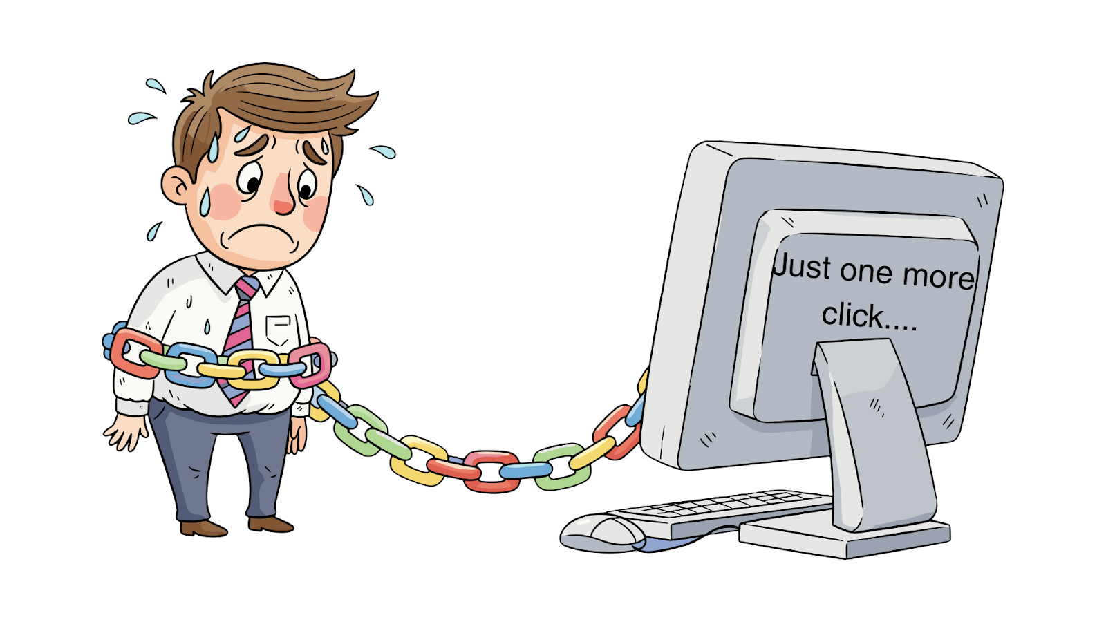 A man appears visibly distressed as he is symbolically chained to a computer screen displaying the words “Just one more click,” illustrating concerns about digital addiction and compulsive online behavior in modern life.