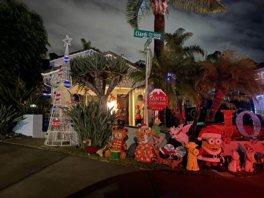 A house on the corner of Ciardi Court with a display of various holiday decorations. Festive characters such as teddy bears with Santa hats and minions are seen in front of the property.