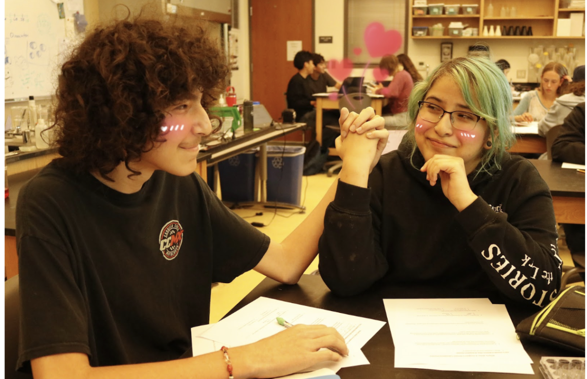  Two students sit side by side, flirting in Chemistry class. The school-wide mandate on seating arrangements based on students’ crushes makes its first appearance in late March.