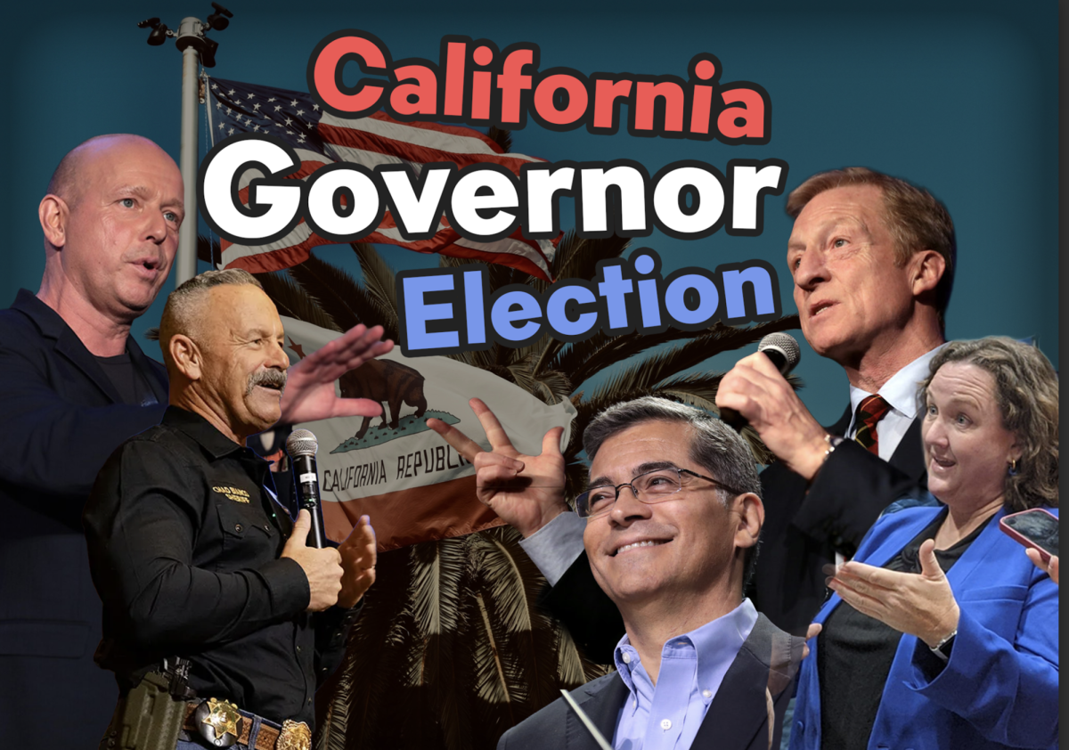 California prepares for the 2026 gubernatorial elections. Pictured from left to right, the main candidates are Steve Hilton, Chad Bianco, Xavier Becerra, Tom Steyer, and Katie Porter. Graphic by Jack Spark.
